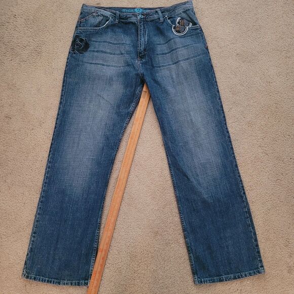 Vtg Phat Farm Jeans Mens 38x33 (32L) Blue Baggy Hop Hop Skater Logo Patches Y2K - Picture 11 of 16